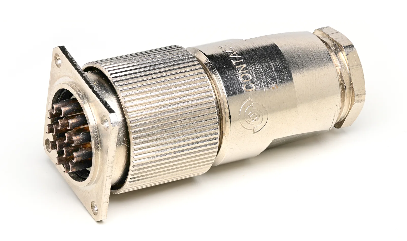 A 16-position M23 circular connector with a metal body, threaded coupling nut, and dense signal-contact insert