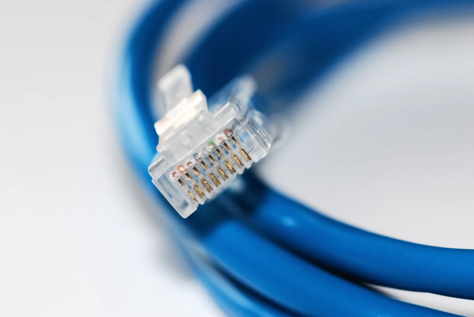 A clear 8P8C modular plug on a blue patch cable, with the eight contacts and latch visible